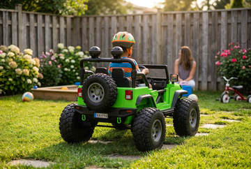 kid enjoying green jeep ride on car benefits in backyard