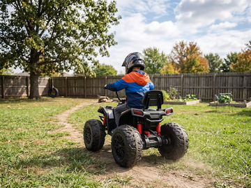 kid following atv safety tips with helmet riding in backyard