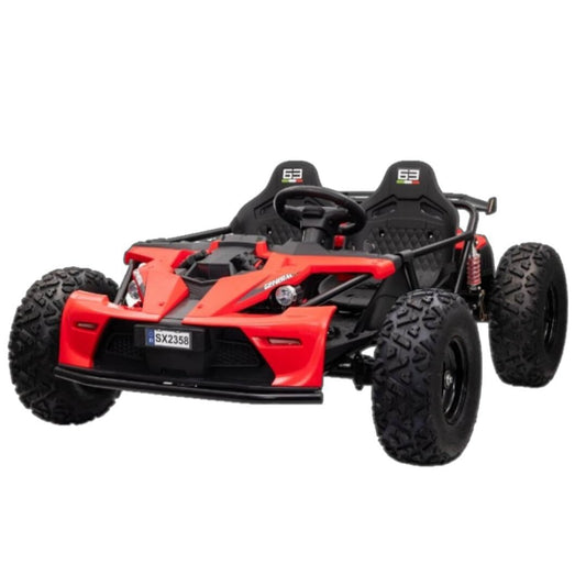 48 volt electric kid car with rubber wheels  with red colored body with red accents. Side profile view of power wheels