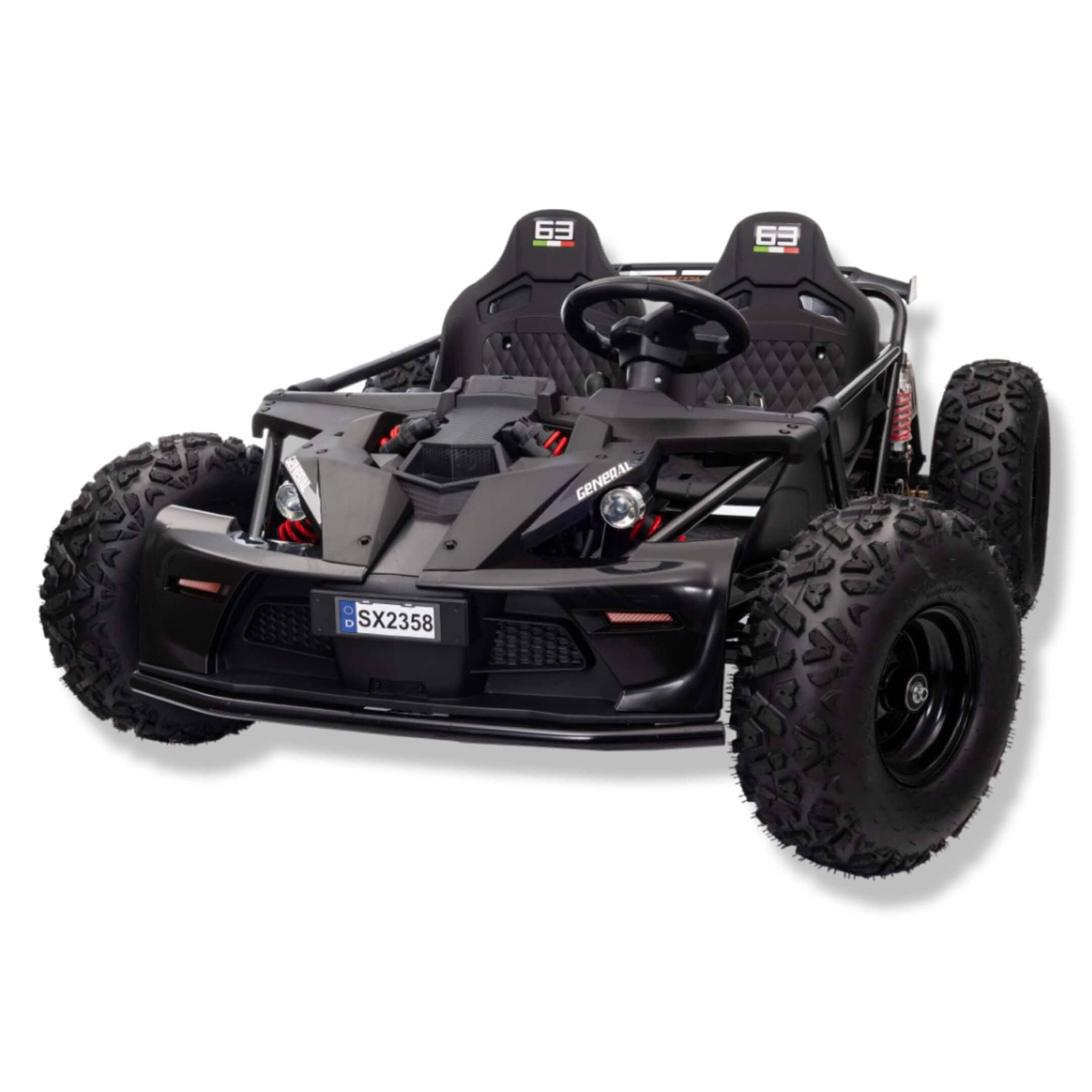 48 volt electric kid car with rubber wheels  with black colored body with red accents