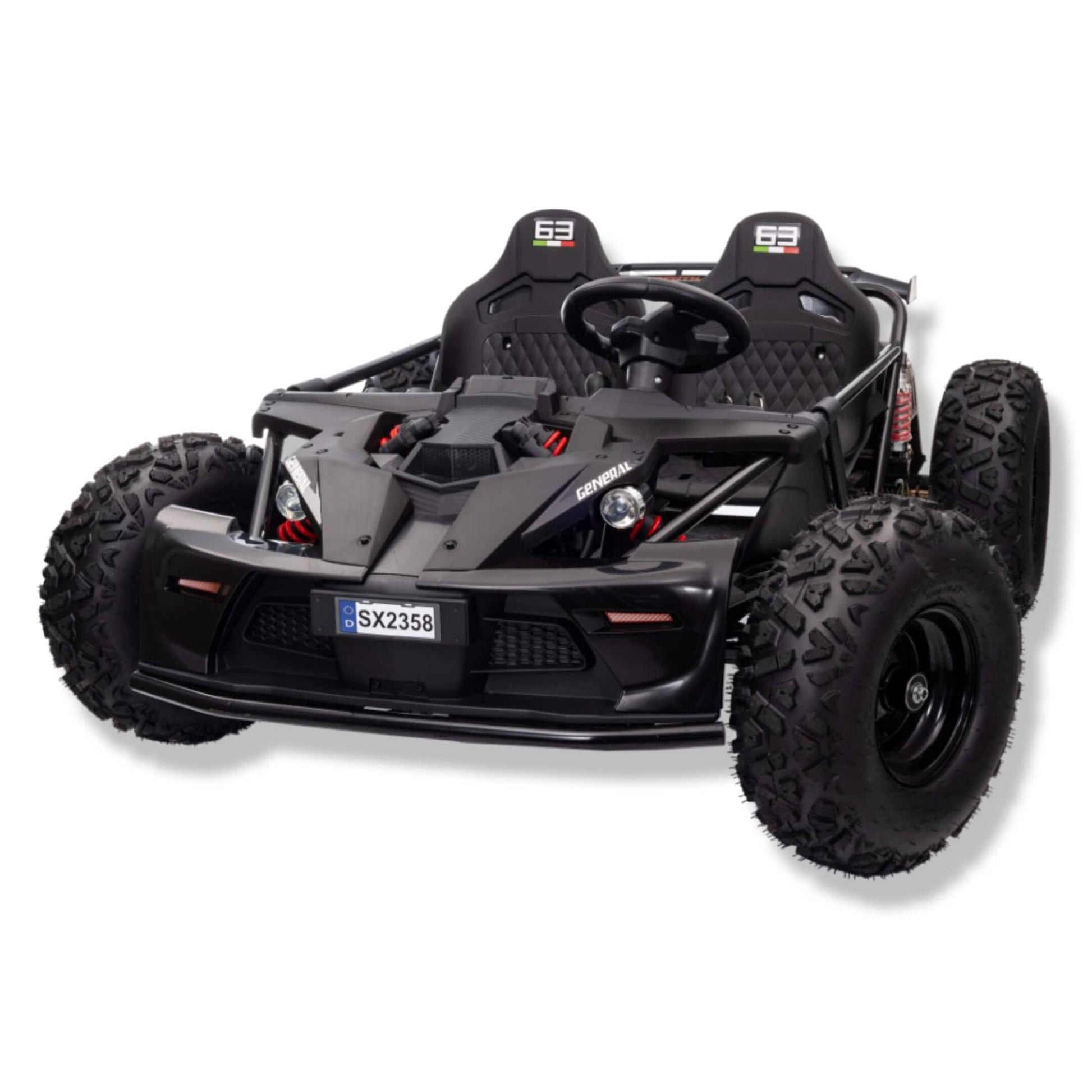 48 volt electric kid car with rubber wheels  with black colored body with red accents