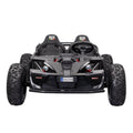 48 volt electric kid car with rubber wheels  with black colored body with red accents. Front profile view of LED front headlights.