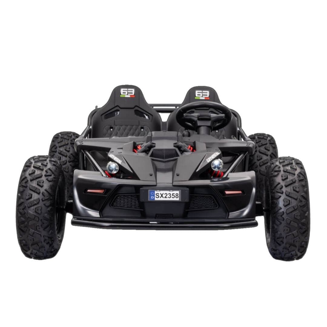 48 volt electric kid car with rubber wheels  with black colored body with red accents. Front profile view of LED front headlights.