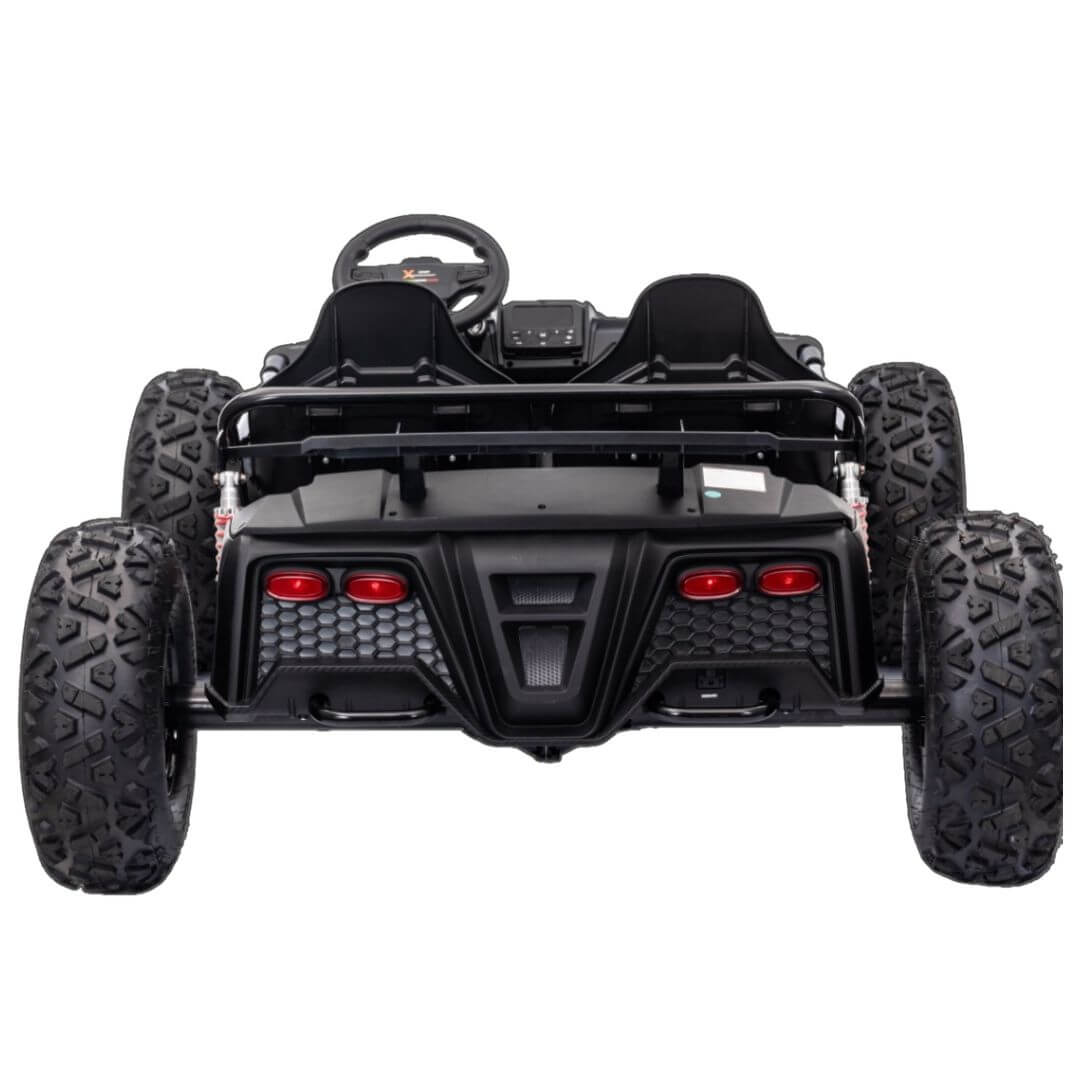 48 volt electric kid car with rubber wheels  with black colored body with red accents. LED taillights rear view.