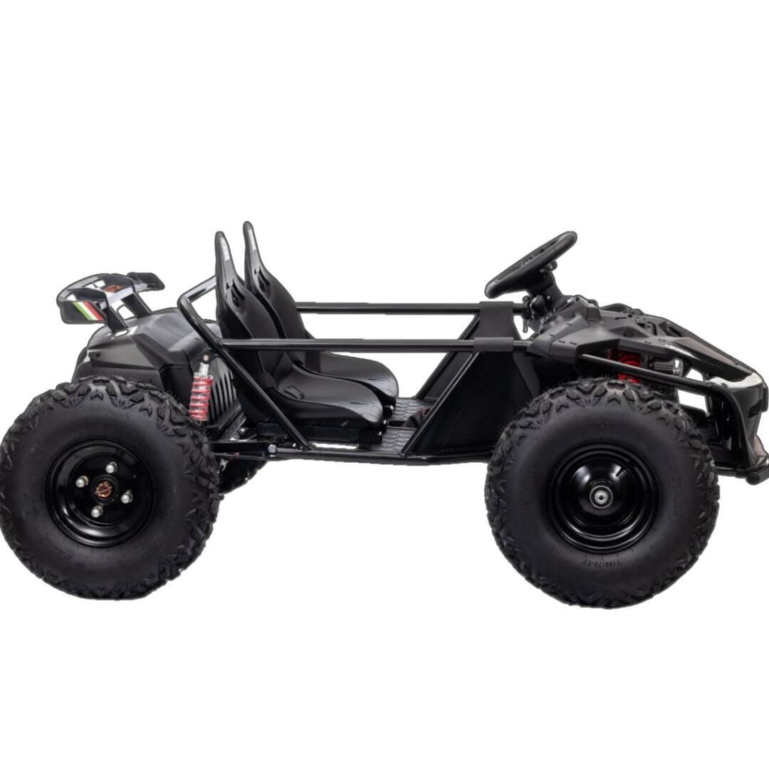 48 volt electric kid car with rubber wheels  with black colored body with red accents side profile of two seater 48 volt power wheels.