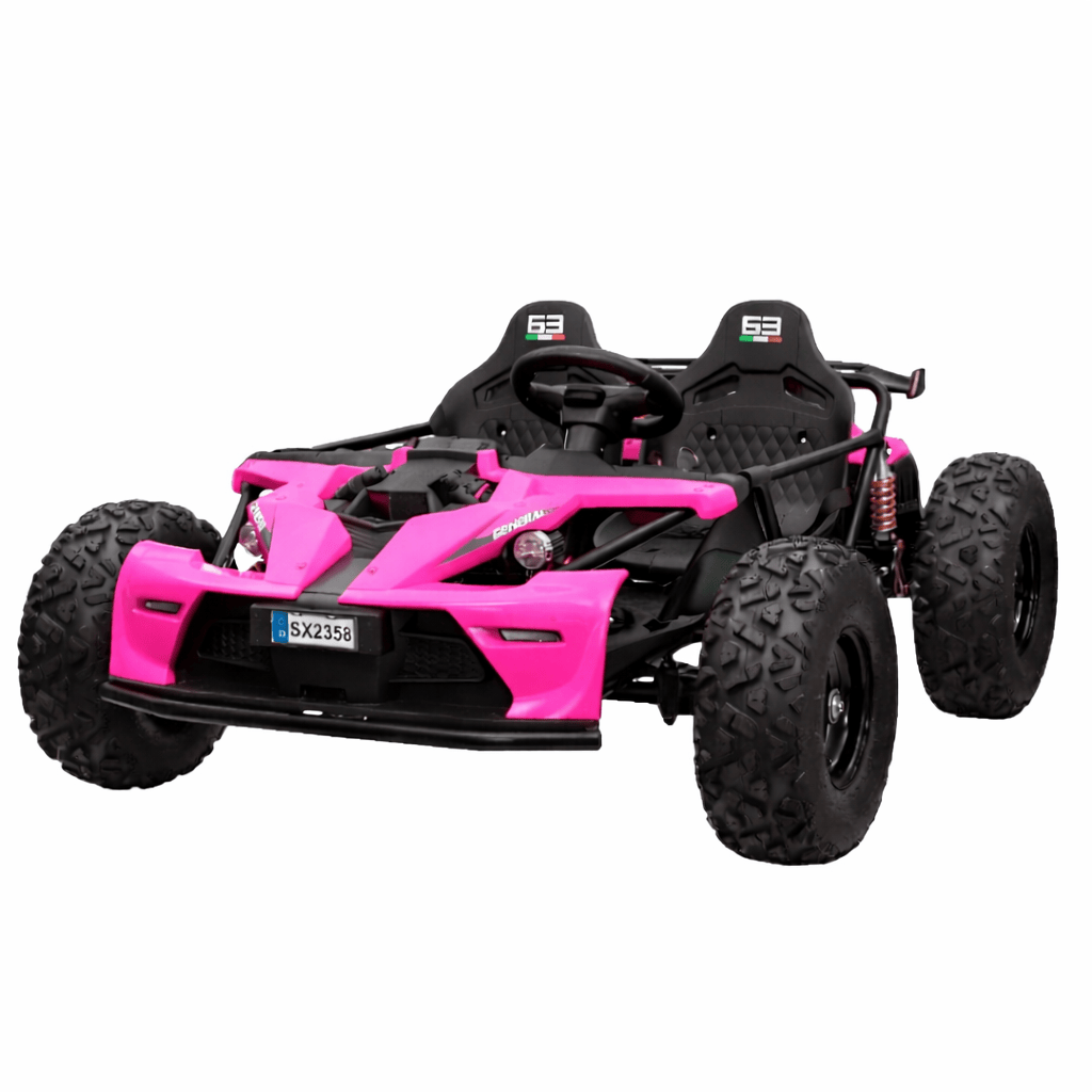 Pink and black off-road vehicle on a white background. 48v power wheels kid car with led lights